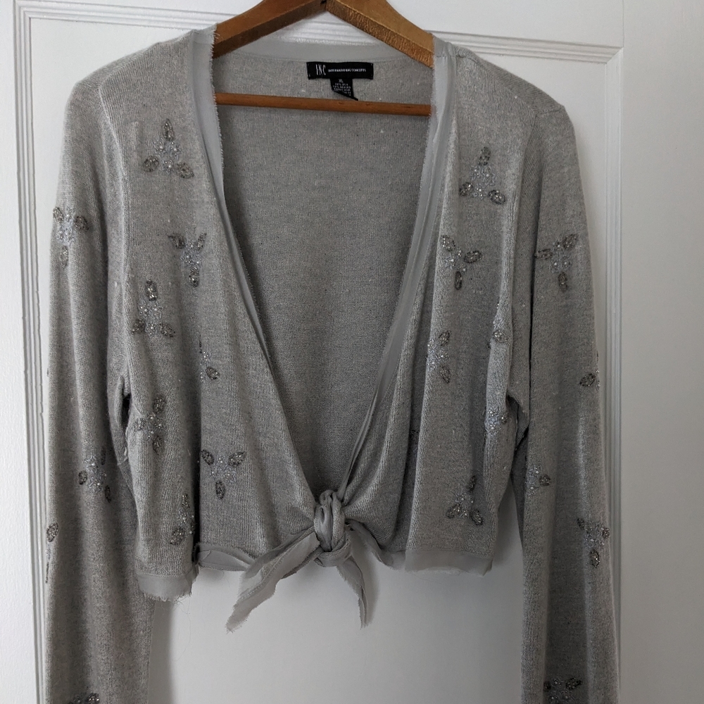 INC cropped angora blend grey cropped tie front sweater.